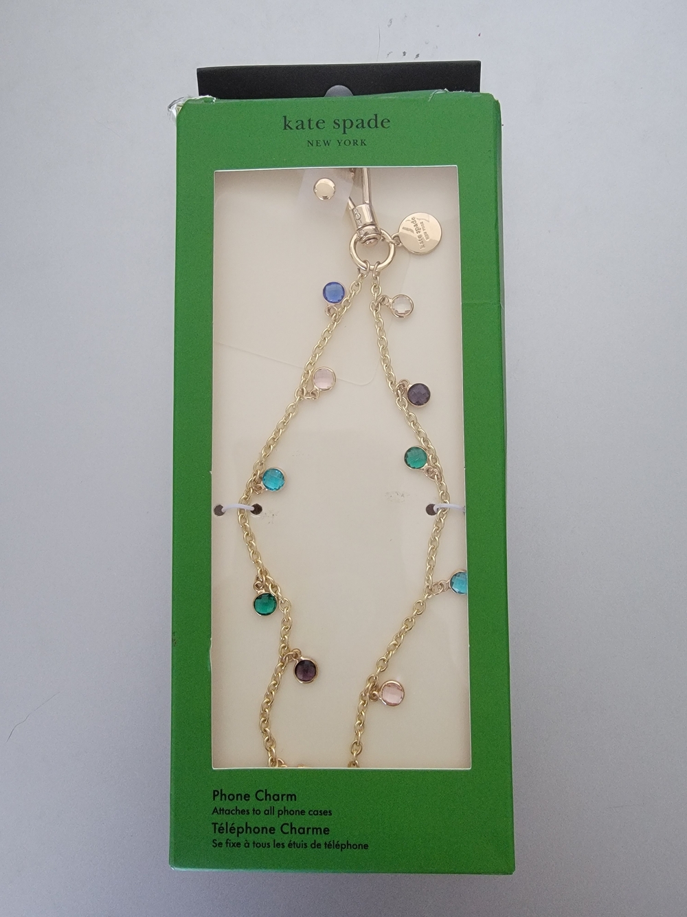 kate spade Gold Chain Phone Charm with Multicolor Gem Drops